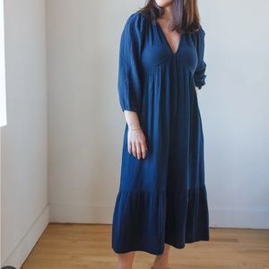 Xirena Ella Navy Blue Cotton Gauze Tiered Midi Dress M
